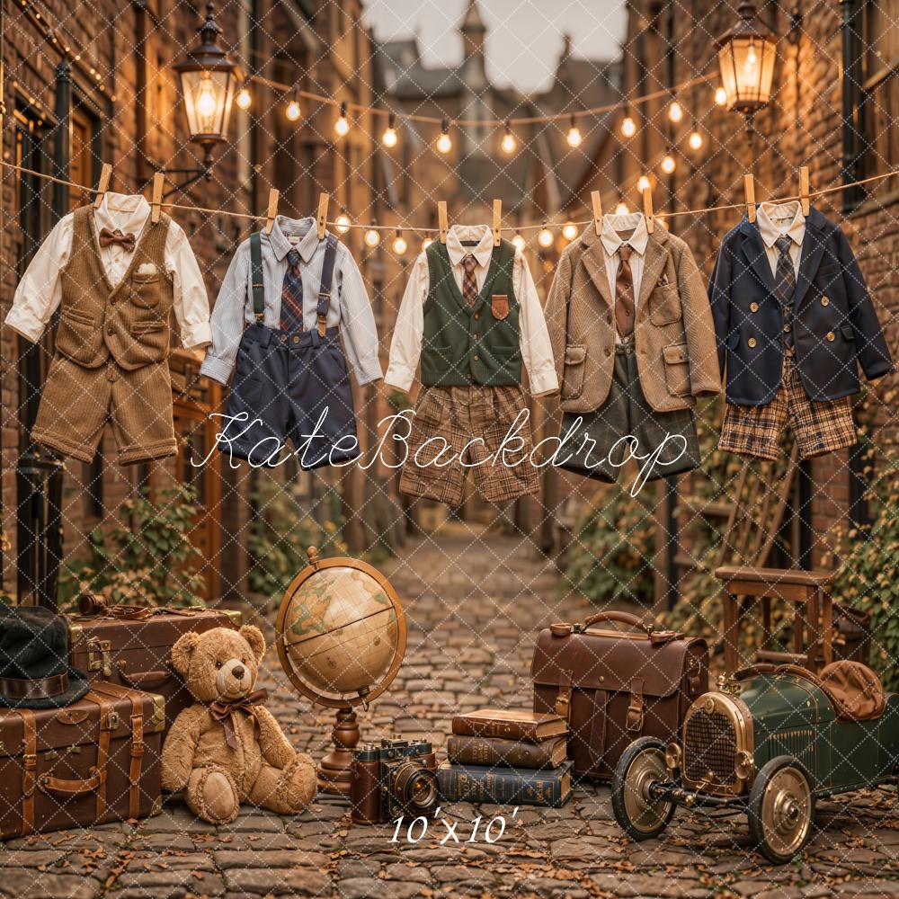 Kate Vintage Alleyway Boys Outfits Teddy Bear Suitcases Toy Car Printed Backdrop Designed by Emetselch