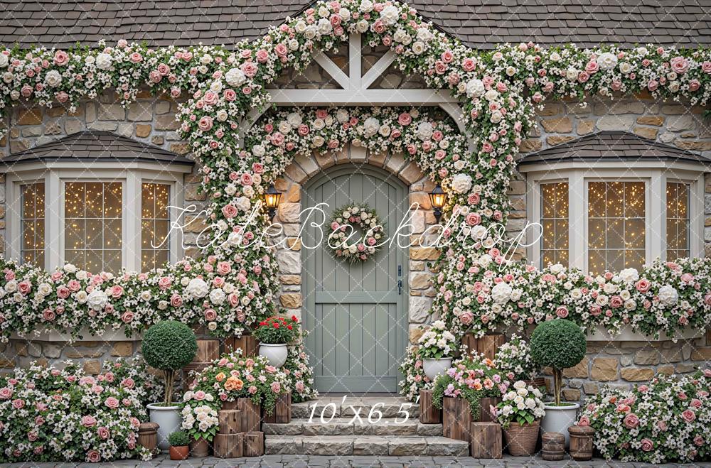 Kate Spring Flower Arch Stone Cottage Door Printed Backdrop Designed by Mini MakeBelieve