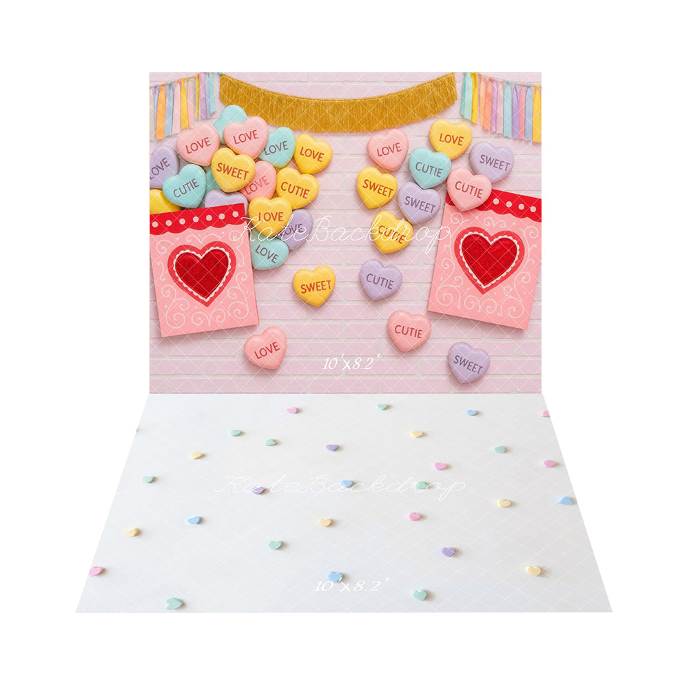 Kate Valentine's Day Heart Candy Pink Love Cards Backdrop+Pastel Candy Hearts Pattern Floor Backdrop Backdrop