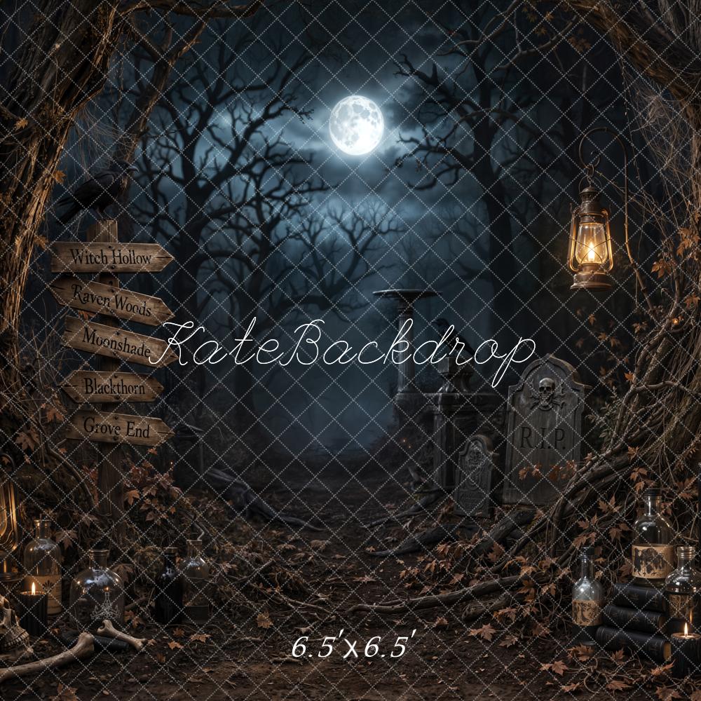 Kate Halloween Dark Forest Moon Graveyard Printed Backdrop Designed by Emetselch