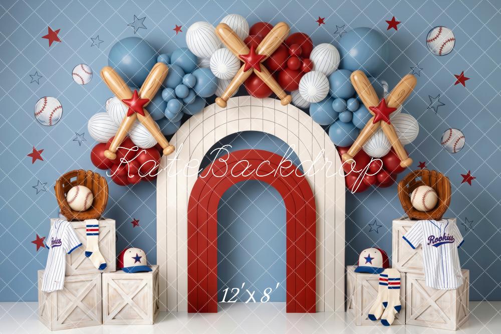 Kate Birthday Blue Baseball Arch Bats Balloons Printed Backdrop Designed by Patty Roberts