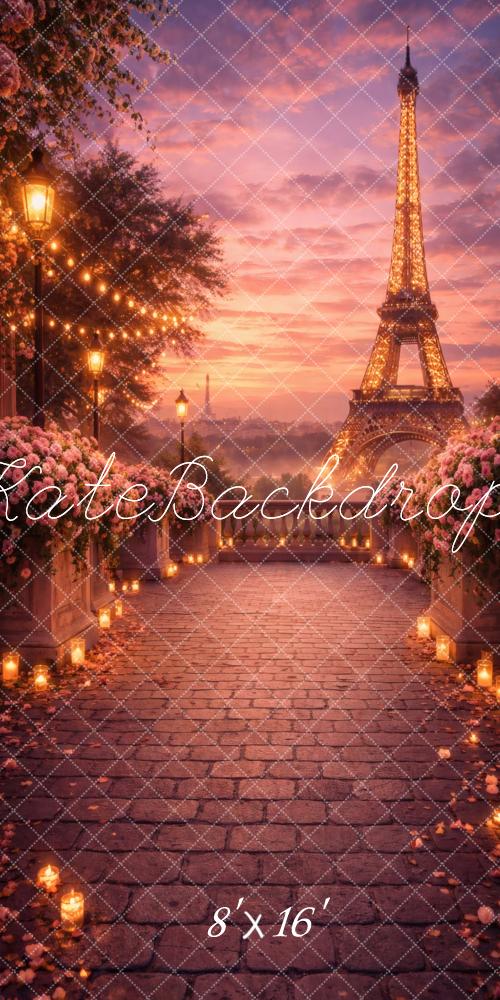 Kate Sweep Eiffel Tower Evening Cobblestone Pathway Flowers Printed Backdrop Designed by Vertigo Productions