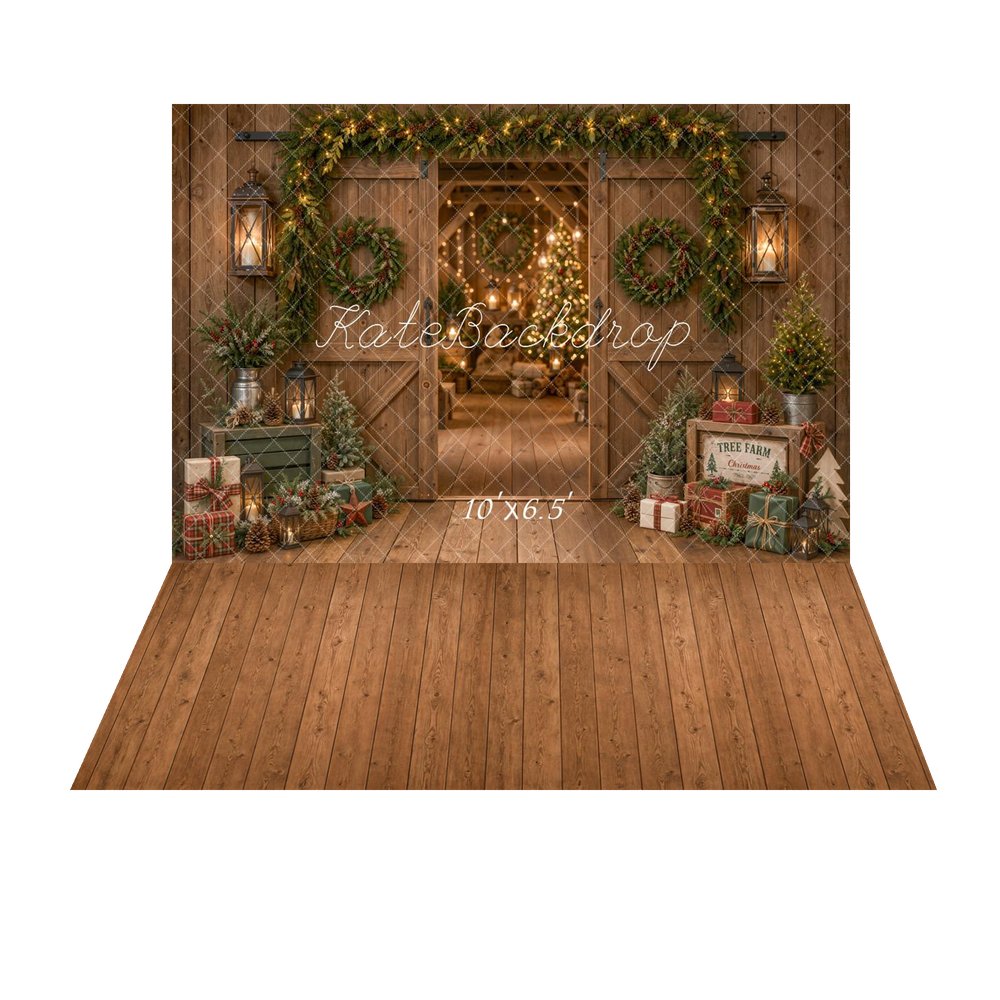 Kate Christmas Rustic Barn Door Garland Wreath Trees Printed Backdrop+Brown Wood Plank Floor Printed Backdrop