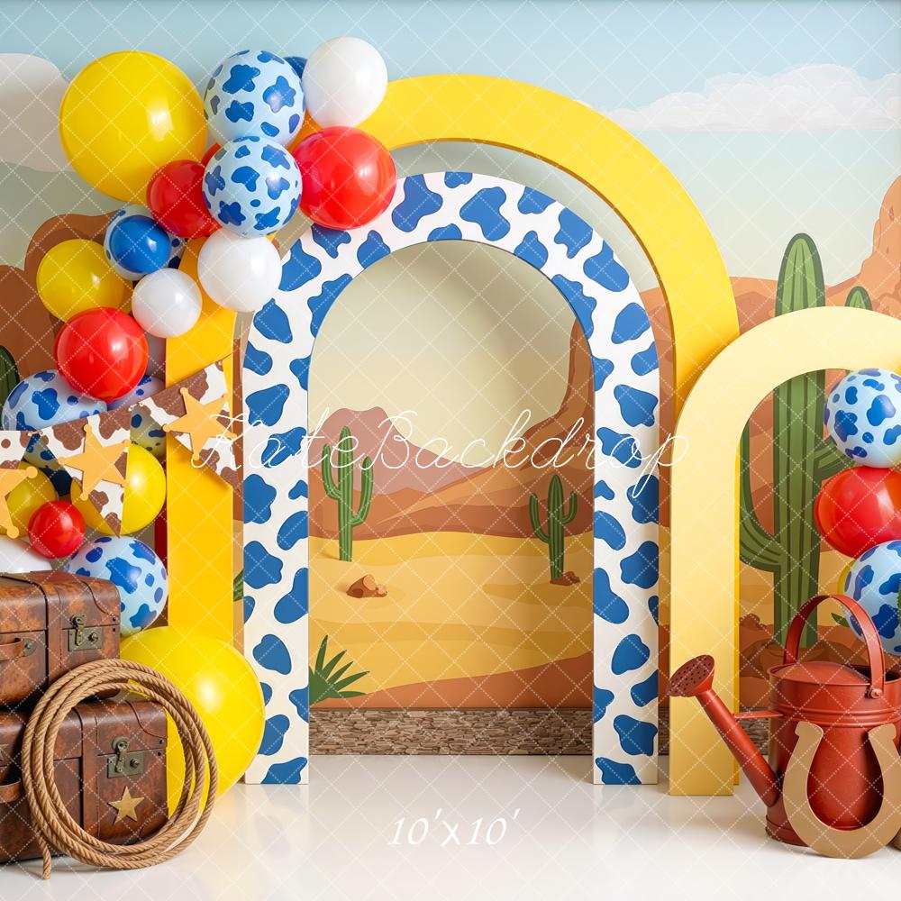 Kate Cake Smash Western Cow Arch Cactus Balloons Printed Backdrop Designed by Mini MakeBelieve