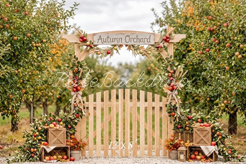 Kate Fall Apple Orchard Gate White Picket Fence Printed Backdrop Designed by Patty Roberts