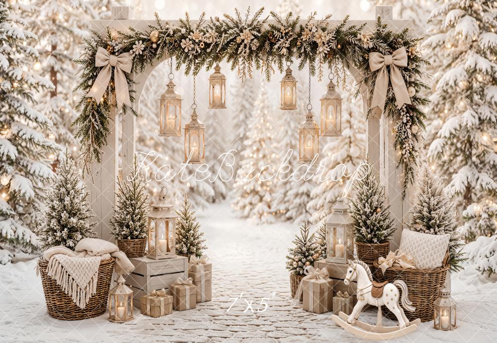 Kate Christmas Garland Arch Lanterns Snowy Forest Rocking Horse Printed Backdrop Designed by Emetselch