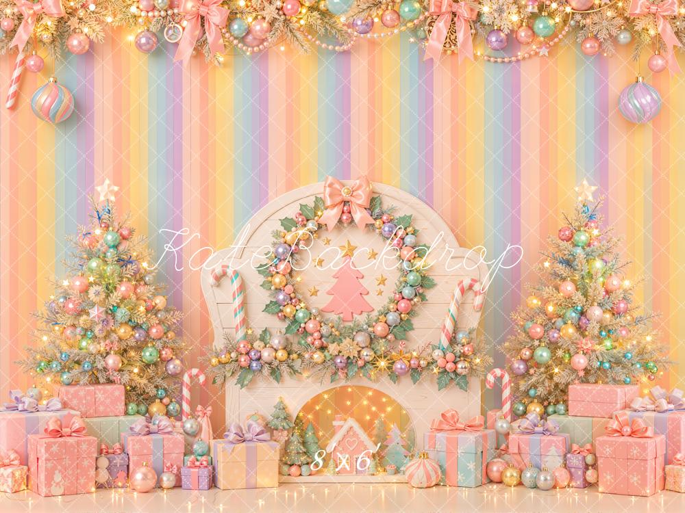 Kate Christmas Pastel Fireplace Christmas Tree Gifts Bow Printed Backdrop Designed by Emetselch