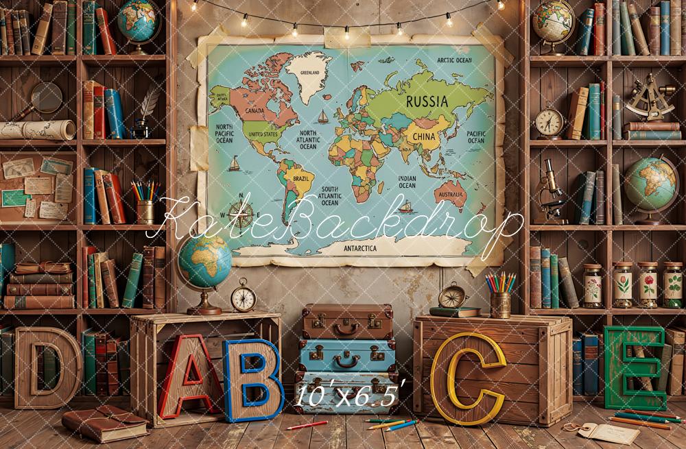 Kate Back to School World Map Bookshelves Globes ABC Letters Printed Backdrop Designed by Emetselch