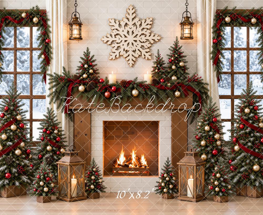 Kate Christmas Fireplace Christmas Trees Red Ribbon Garland Snowflake Printed Backdrop Designed by Emetselch