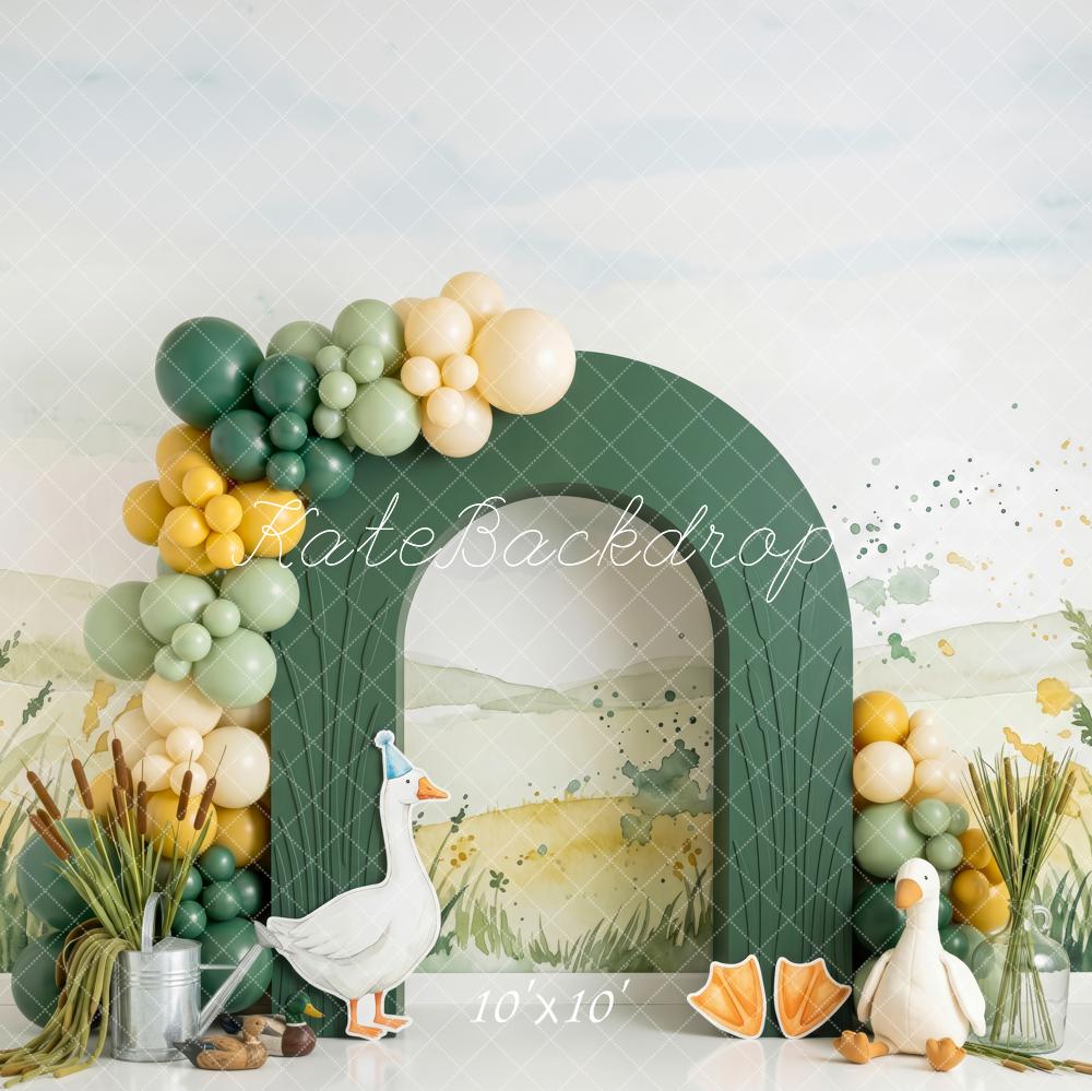 Kate Spring Birthday Green Garden Arch Geese Balloon Garland Printed Backdrop Designed by Patty Roberts