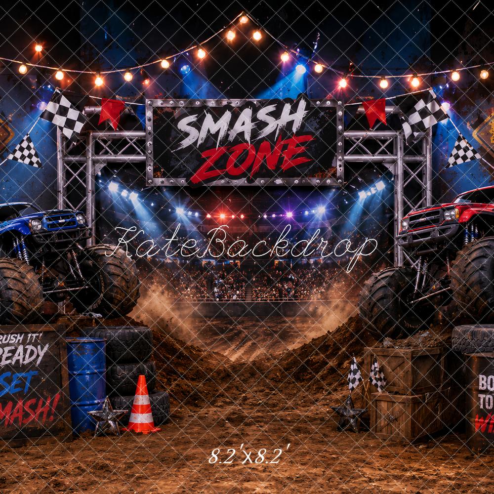 Kate Cake Smash Monster Truck Zone Dirt Arena Checkered Flags Printed Backdrop Designed by Ashley Paul