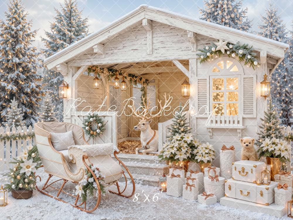 Kate Christmas Cabin Reindeer Sleigh Gifts Snowy Printed Backdrop Designed by Mini MakeBelieve