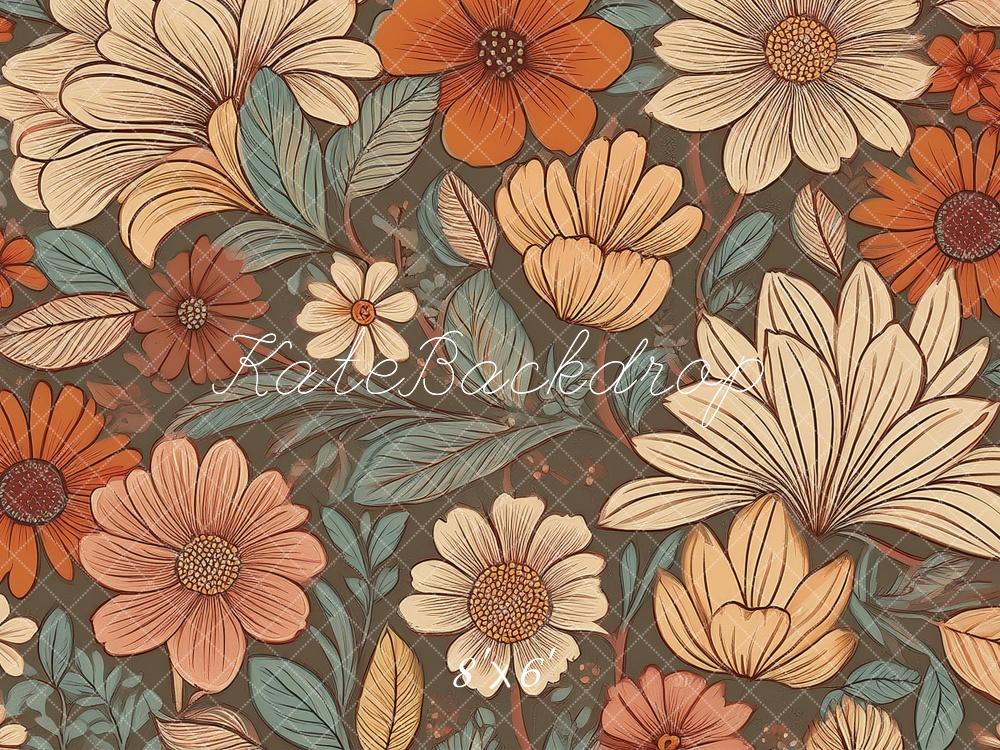 Kate Coral Teal and Ivory Retro Flower Pattern Backdrop Designed by Mandy Ringe Photography