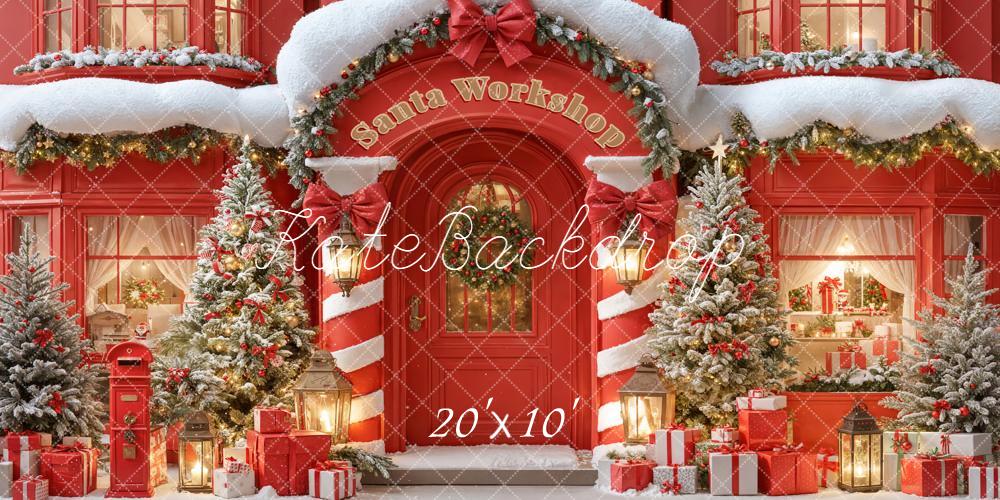 Kate Christmas Santa Workshop Red Snowy Trees Presents Backdrop Designed by Emetselch