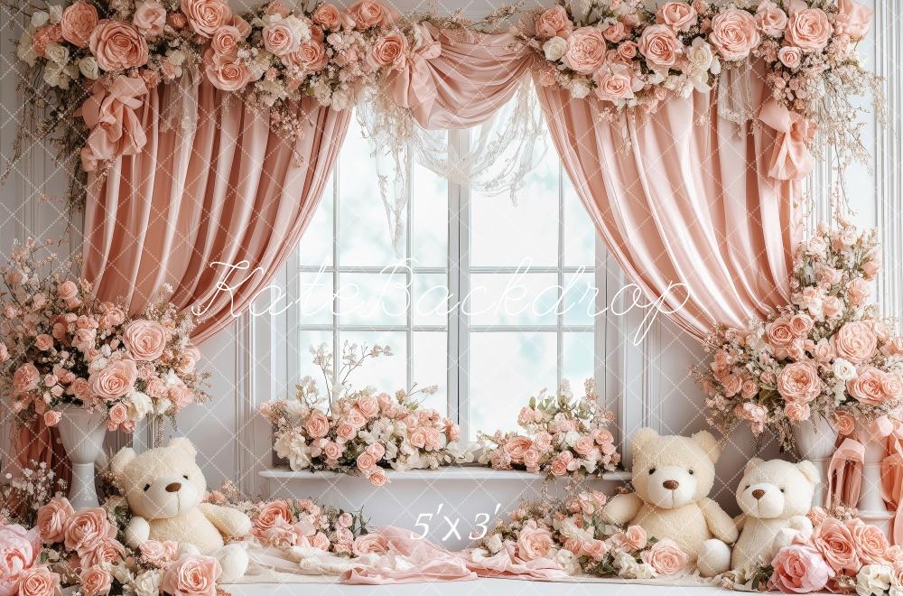 Kate Valentine‘s Day Teddy Bear Pink Floral Window Backdrop Designed by Patty Roberts