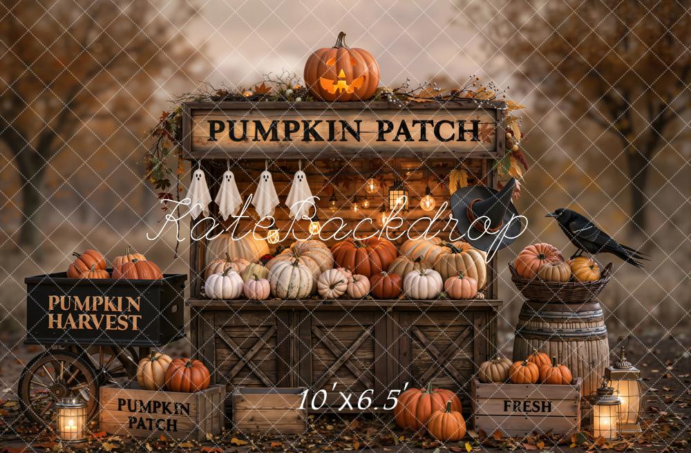 Kate Halloween Pumpkin Patch Ghosts Harvest Stand Forest Printed Backdrop Designed by Emetselch