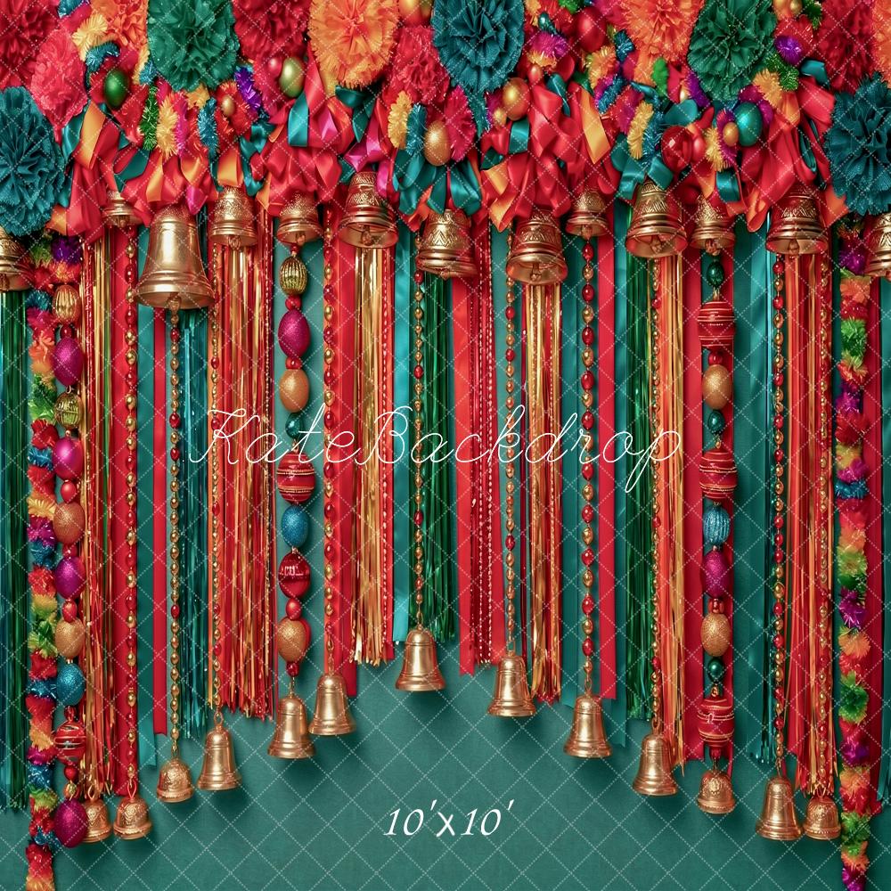 Kate Christmas Bell Ornament Garland Colorful Ribbons Printed Backdrop Designed by Angela Miller