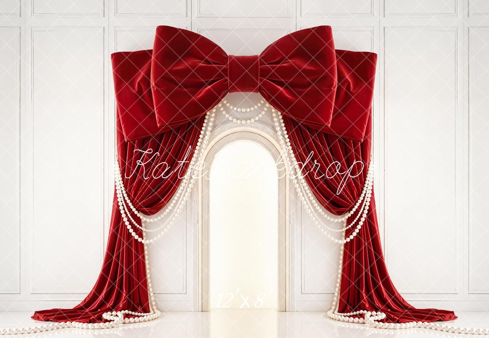 Kate Red Bow Drapes Pearls Arch Wall Backdrop Designed by Emetselch