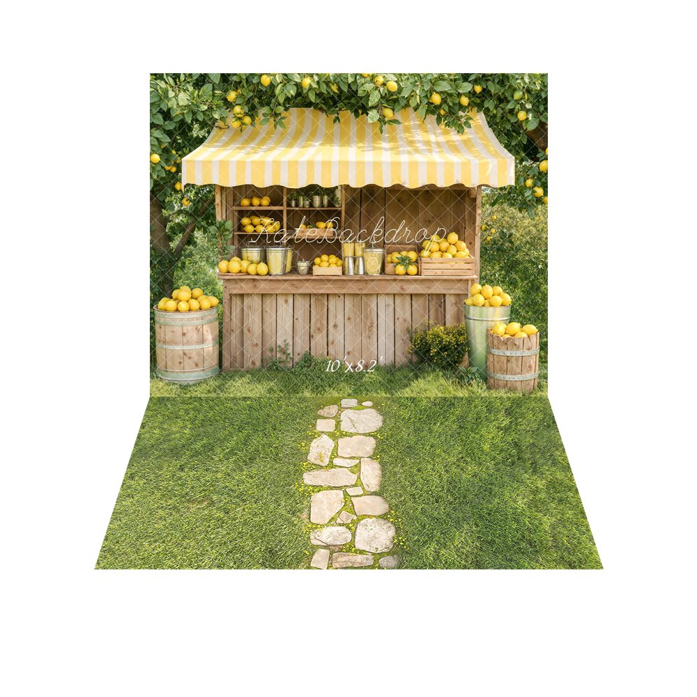 Kate Summer Lemonade Stand Yellow Lemons Wooden Market Printed Backdrop+Spring Stone Path In Green Grass Floor Printed Backdrop