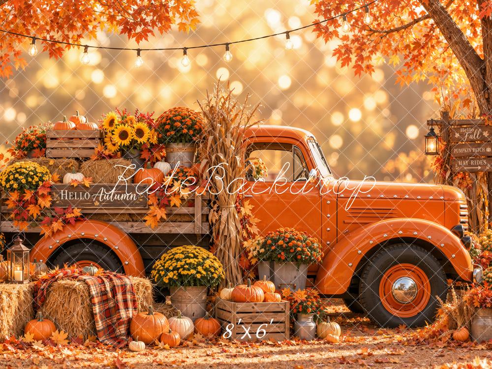 Kate Fall Orange Vintage Truck Pumpkin Harvest Forest Printed Backdrop Designed by Emetselch