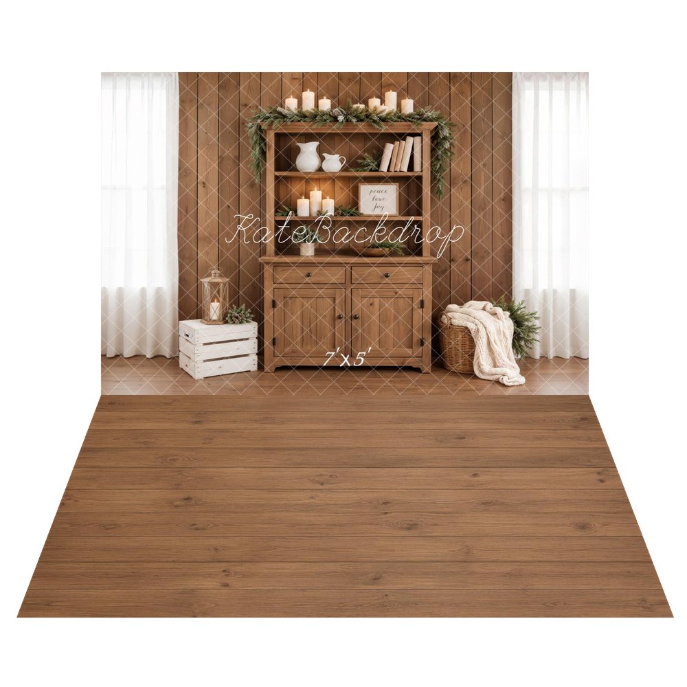 Kate Christmas Wooden Cabinet Candles Garland Lantern Crate Basket Printed Backdrop+Brown Wood Plank Floor Printed Backdrop