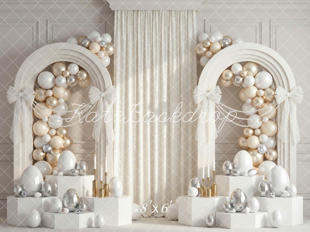 Kate Easter Balloon Arch White Silver Gold Eggs Printed Backdrop Designed by Mini MakeBelieve