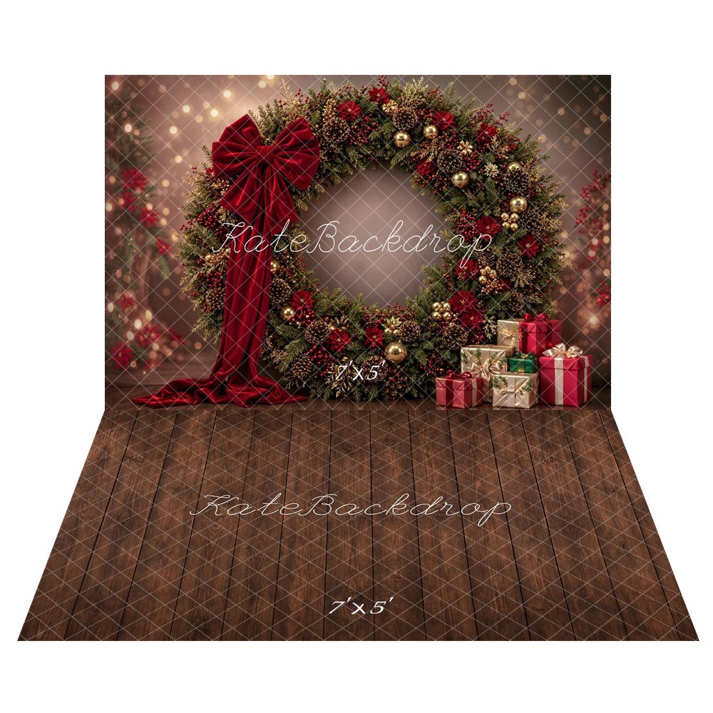 Kate Christmas Large Wreath Red Bow Presents Printed Backdrop+Brown Wood Floor Printed Backdrop