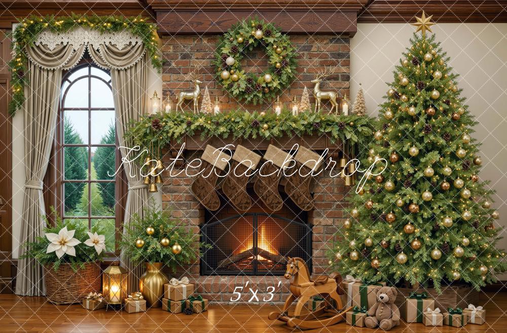 Kate Christmas Stone Fireplace Tree Wreath Window Printed Backdrop Designed by Mini MakeBelieve