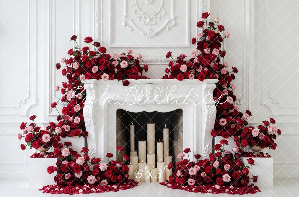 Kate Valentine's Day Red Pink Roses Fireplace Candles Backdrop Designed by Mini MakeBelieve