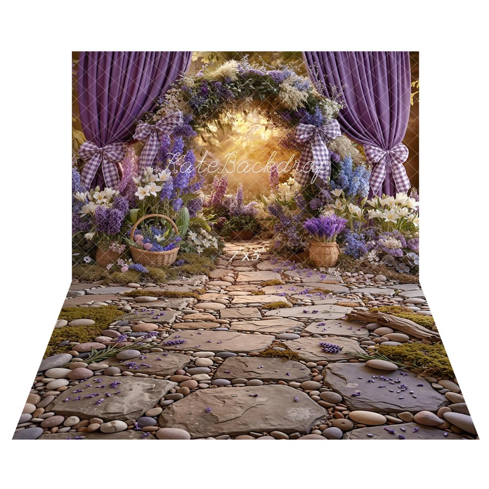 Kate Spring Flower Arch Purple Curtains Baskets Pathway Printed Backdrop+Cobblestone Path Moss Pebbles Driftwood Printed Backdrop