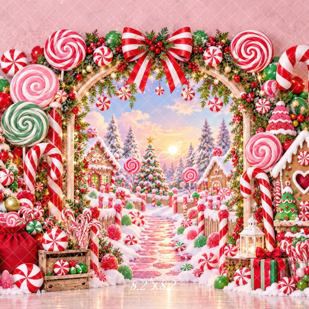 Kate Christmas Candyland Gingerbread Arch Snow Kids Printed Backdrop Designed by Laura Bybee