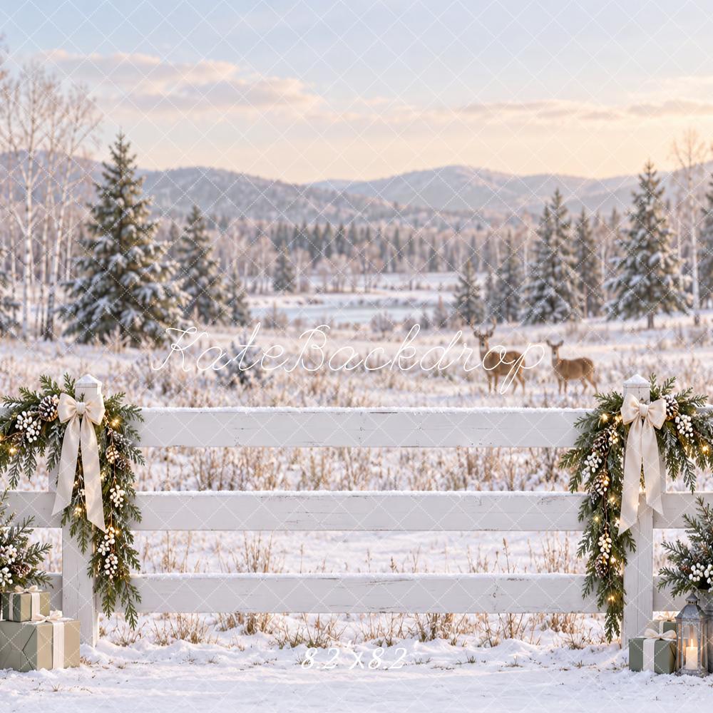 Kate Christmas Snowy Fence Deer Evergreen Garland Printed Backdrop Designed by Vertigo Productions