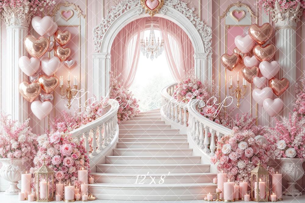 Kate Valentine's Day Staircase Pink Heart Balloon Floral Printed Backdrop Designed by Mini MakeBelieve