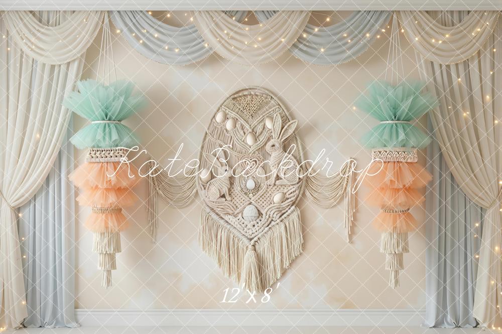 Kate Easter Bunny Macrame Pastel Tulle Drapes Printed Backdrop Designed by Mini MakeBelieve