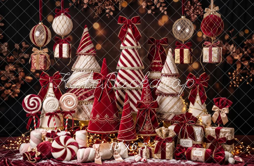 Kate Christmas Candy Cane Trees Red Velvet Ornaments Gifts Printed Backdrop Designed by Patty Roberts