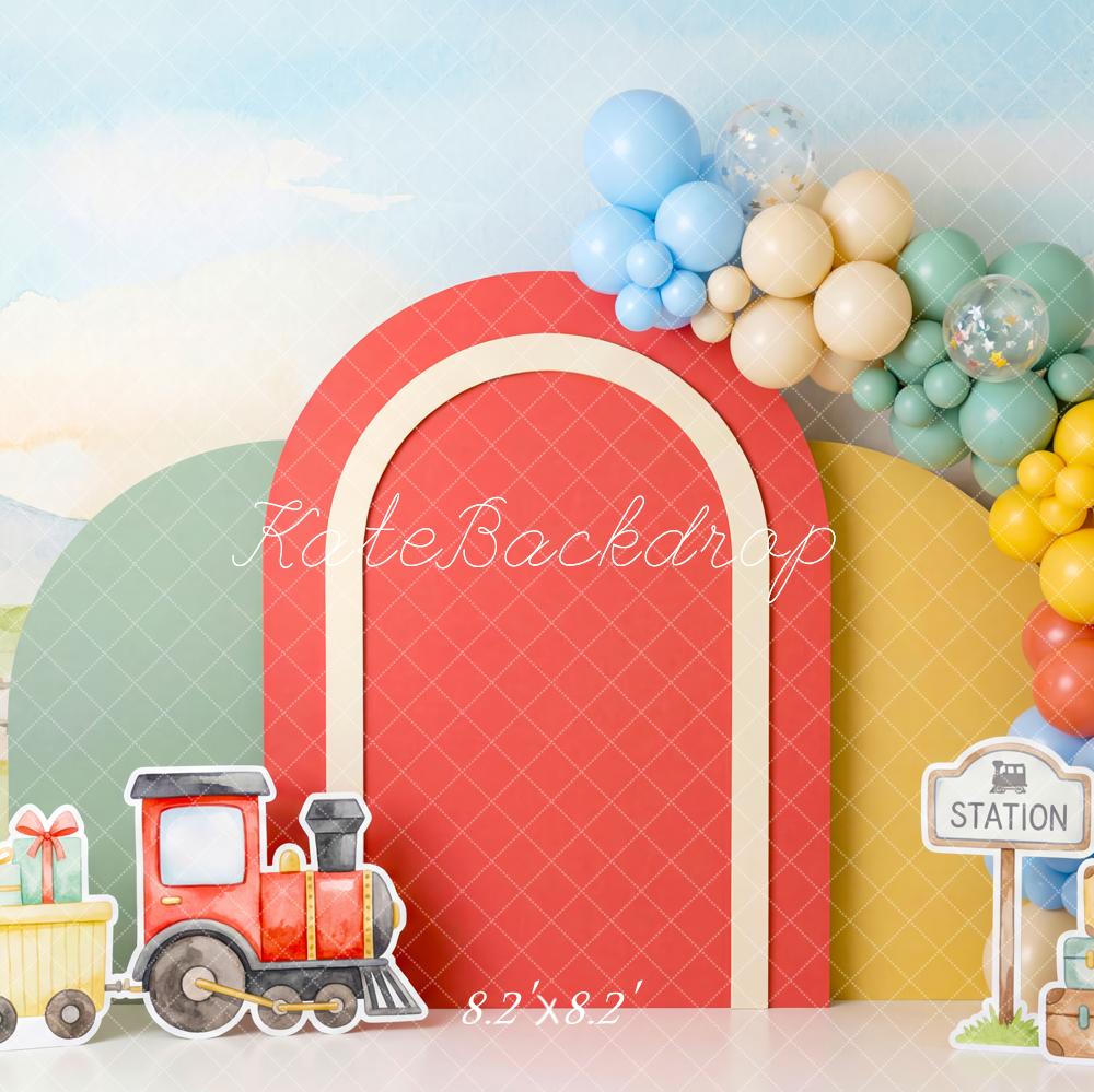Kate Cake Smash Train Red Arch Balloons Station Pastel Landscape Printed Backdrop Designed by Patty Roberts