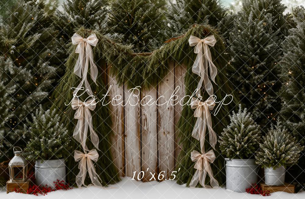 Kate Christmas Pine Trees Garland Rustic Wood Bows Printed Backdrop Designed by Emetselch