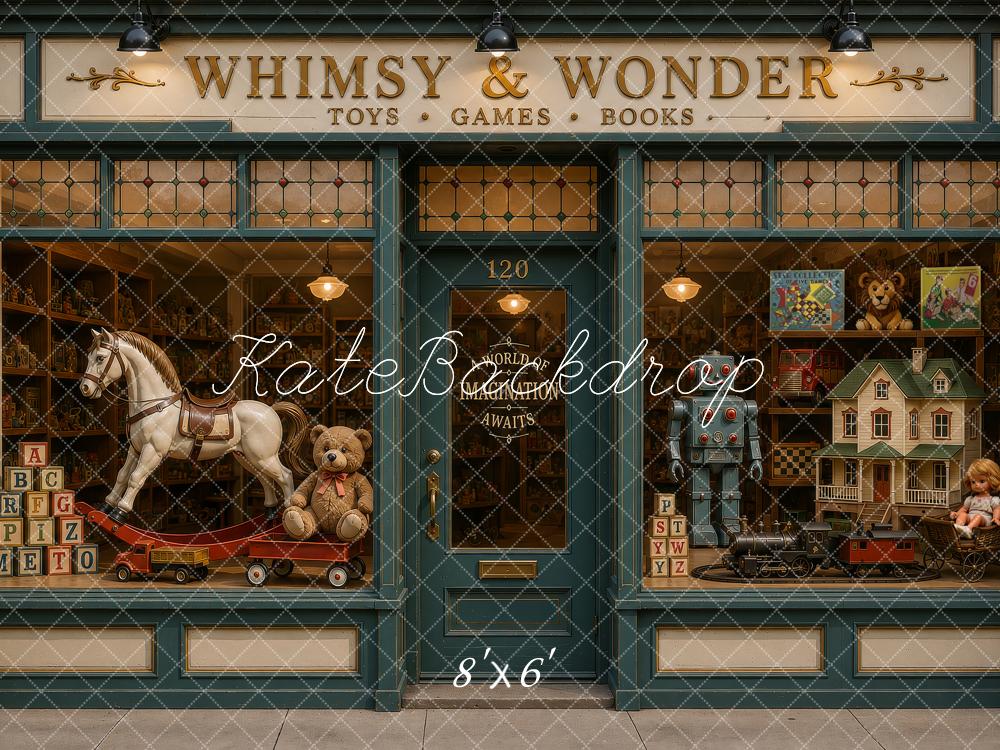 Kate Vintage Toy Store Rocking Horse Robot Dollhouse Window Printed Backdrop Designed by Ashley Ward