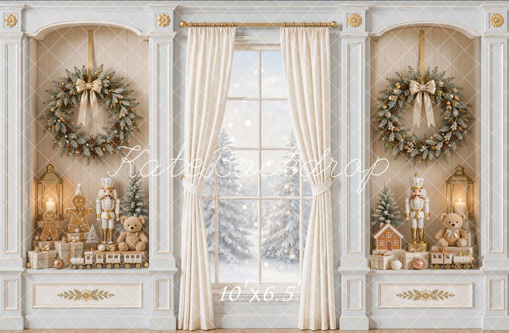 Kate Christmas White Curtains Window Wreath Nutcracker Gingerbread Printed Backdrop Designed by Emetselch