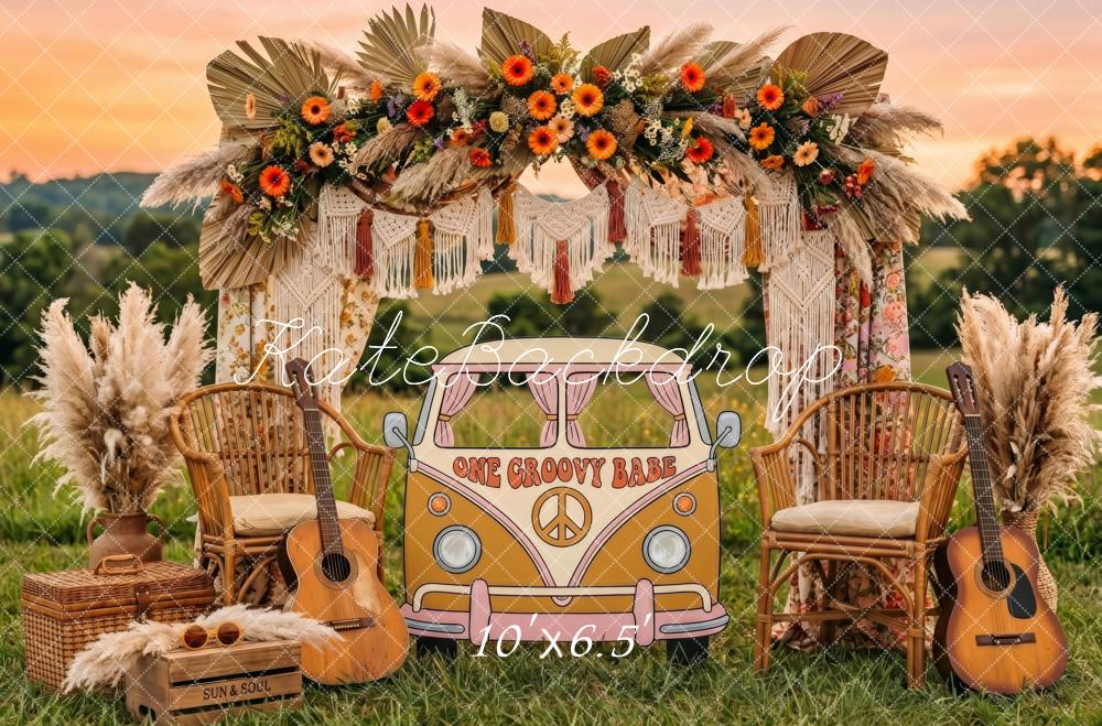 Kate Boho Flower Arch Groovy Truck Field Guitar Printed Backdrop Designed by Patty Roberts