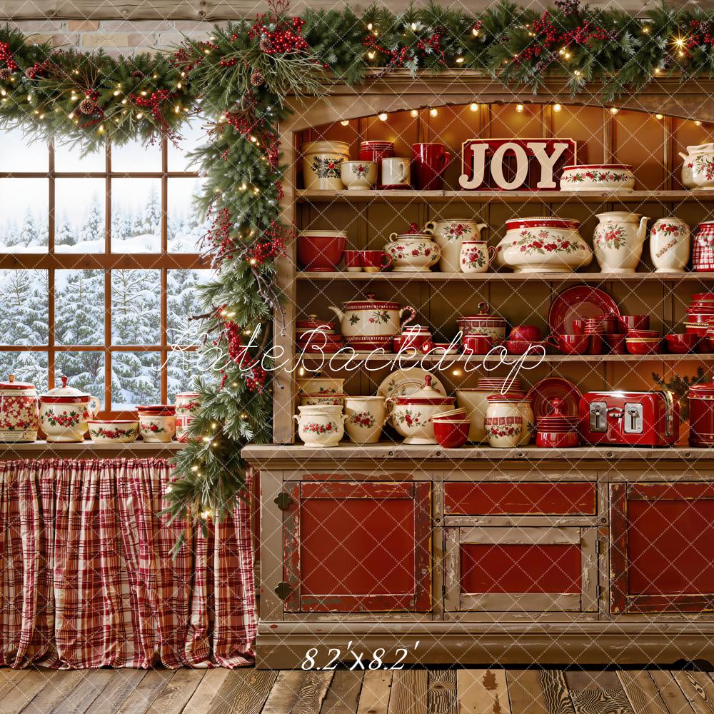 Kate Christmas Kitchen Cabinet Window Garland Cups Dishes Printed Backdrop Designed by Emetselch
