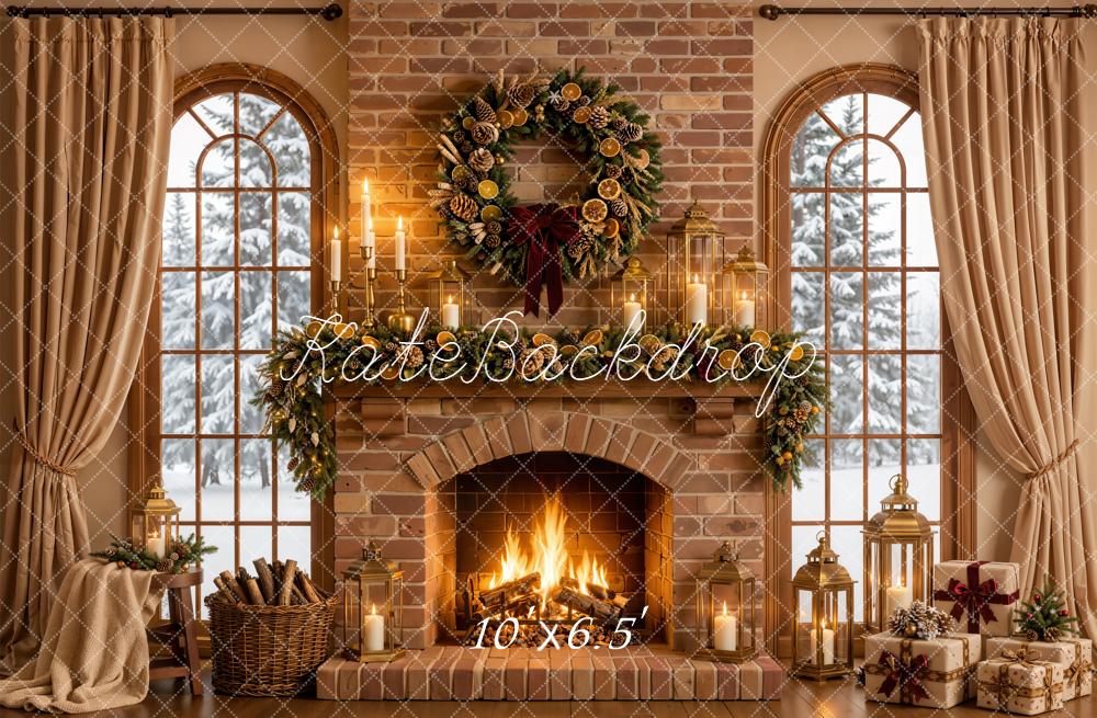 Kate Christmas Fireplace Garland Wreath Brick Wall Printed Backdrop Designed by Emetselch