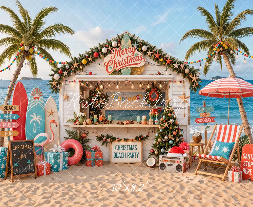 Kate Australian Christmas Beach Party Palm Trees Surfboards Printed Backdrop Designed by Emetselch