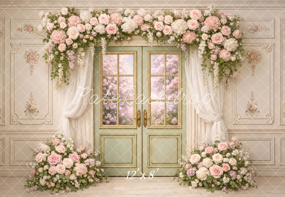 Kate Spring Flower Arch French Door Floral Wall Backdrop Designed by Chain Photography