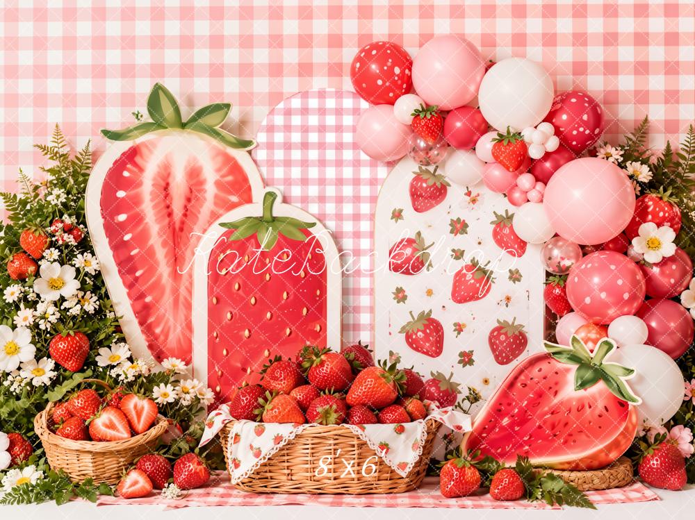 Kate Summer Strawberry Picnic Baskets Pink Checkered Balloons Printed Backdrop Designed by Emetselch