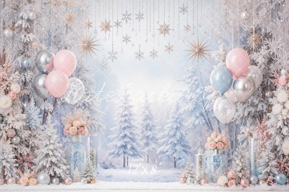 Kate Christmas Snowy Trees Balloons Ornaments Printed Backdrop Designed by Shutter Swan Studios