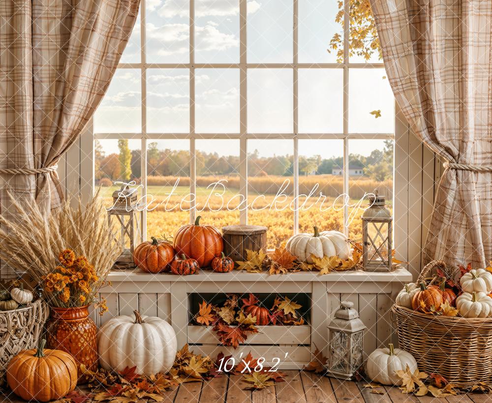 Kate Fall Pumpkin Window Rustic Plaid Curtain Field Printed Backdrop Designed by Emetselch