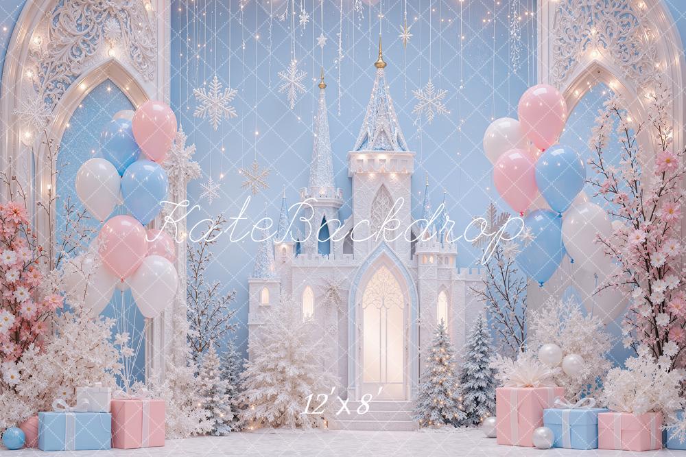 Kate Christmas Wonderland Blue Castle Snowflakes Balloons Printed Backdrop Designed by Shutter Swan Studios