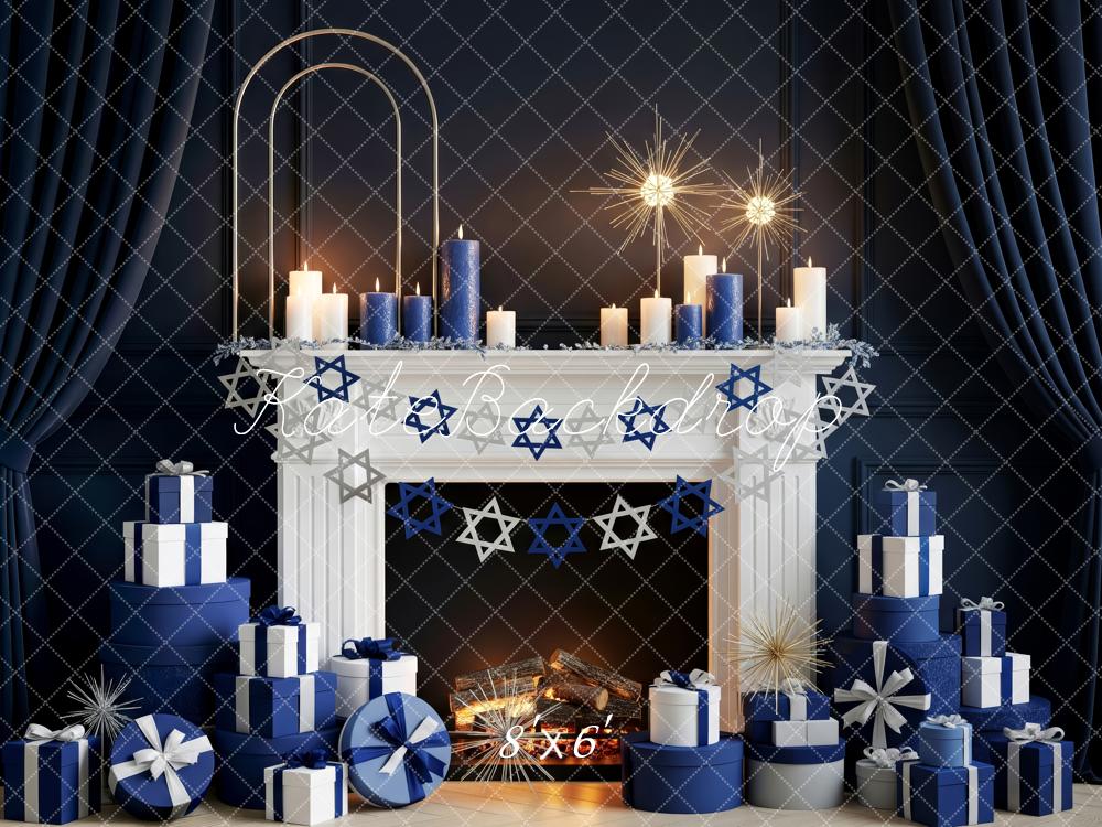 Kate Hanukkah Blue Fireplace Star of David Gift Boxes Backdrop Designed by Patty Roberts