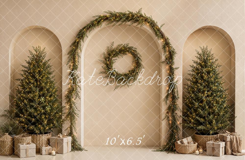 Kate Christmas Neutral Arch Wall Wreath Trees Gifts Printed Backdrop Designed by Emetselch
